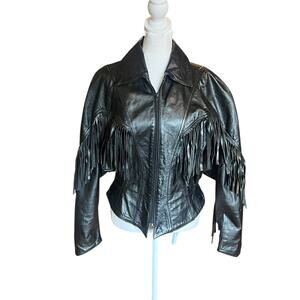Womens 80's S Phoenix Fringe Leather Black Fringe Moto Jacket Western